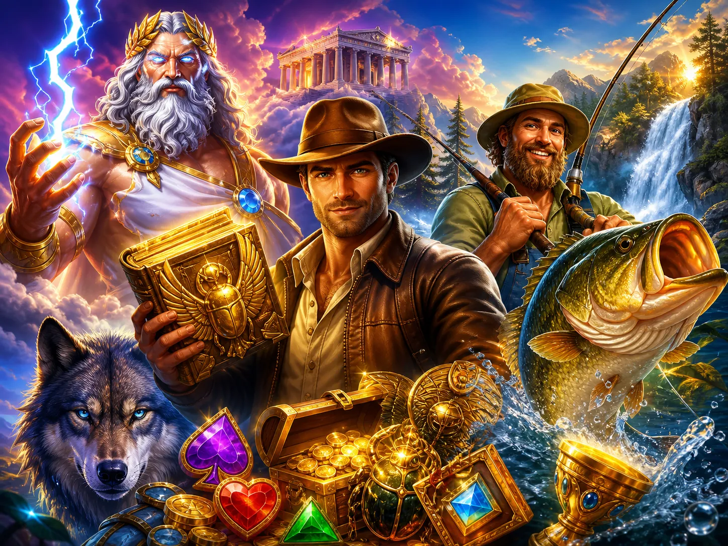 Dynamic illustration of fantasy and adventure-themed slot game characters including mythological gods, adventurers, and mythi