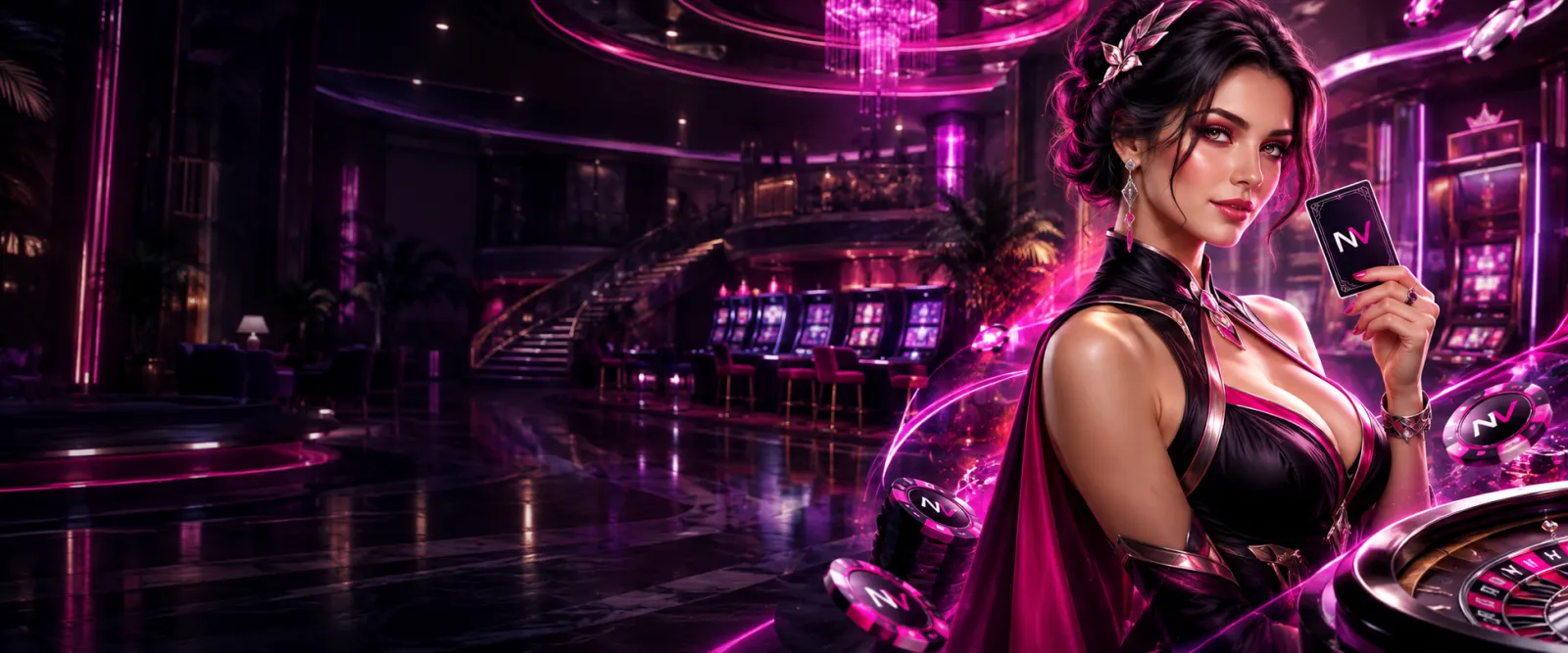 Premium casino hero banner with NV branding, featuring a fantasy character on the right and calm, dark luxury casino backgrou